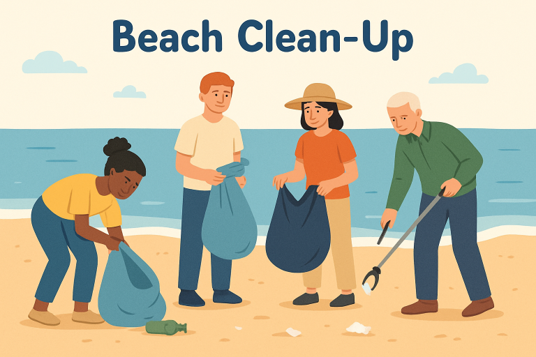 illustration of people on the beach picking up trash