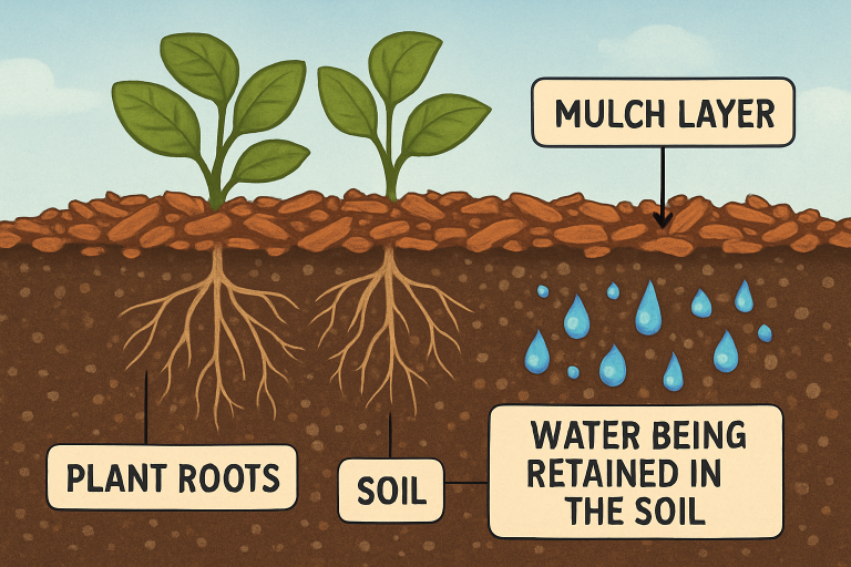 A diagram that shows how mulch works and helps gardens. 