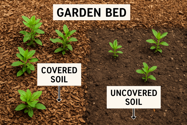 generated image showing garden soil covered in mulch versus uncovered garden soil