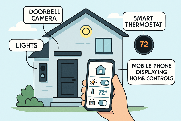 A home pictured with smarthome technology features