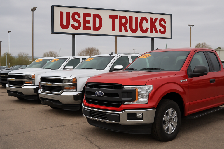Used car lots with red and white pickup trucks 