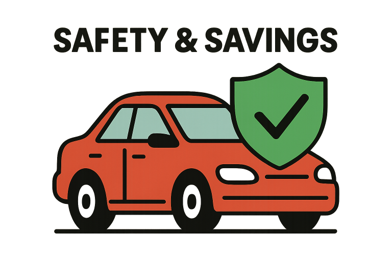 graphic of a car with a safety checkmark to demonstrate how safe driving can lead to savings