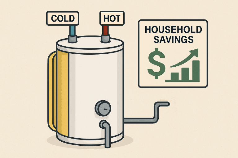 An illustration of a water heater and a savings chart pointing upwards.