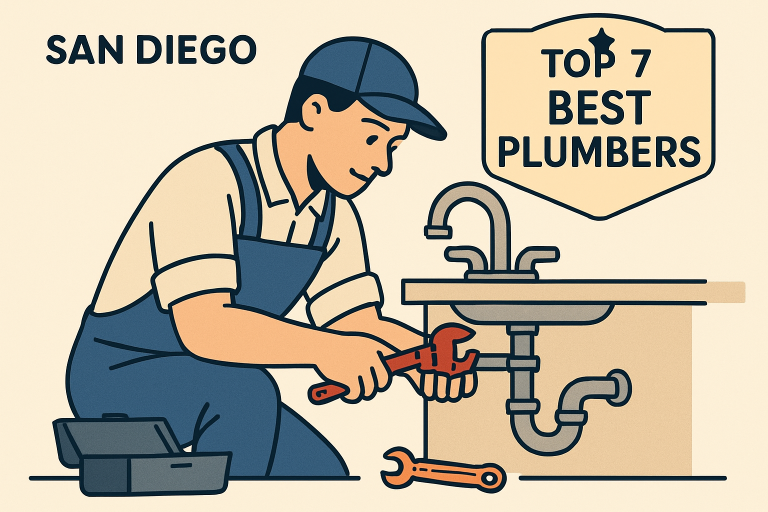 cartoon-style graphic of plumber working on a sink
