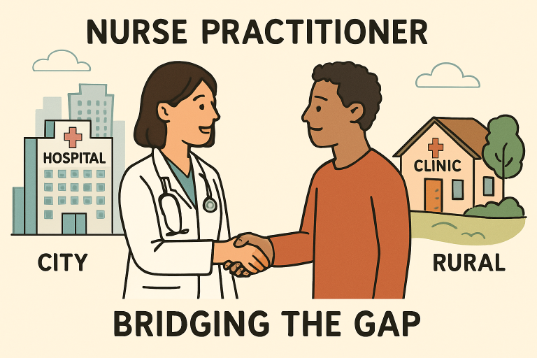 Illustration of two pole shaking hands with a clinic and a hospital in the background representing the role of nurse practitioners in healthcare