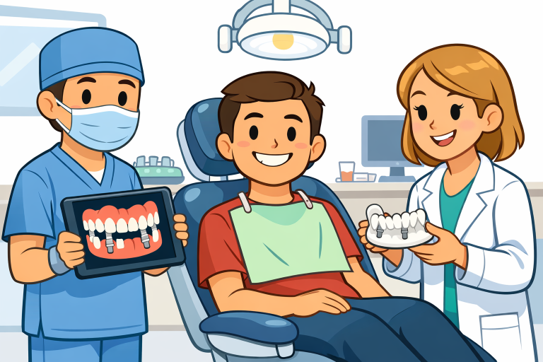 Dental implants, Dentist with a patient in the chair. 