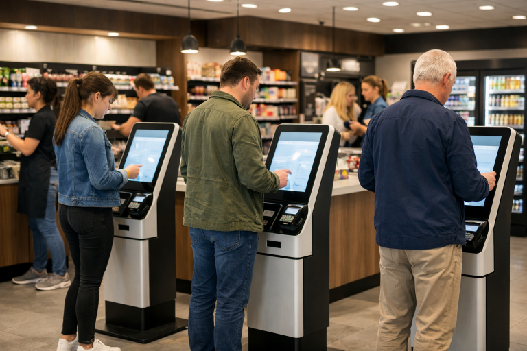 customers using retail kiosks