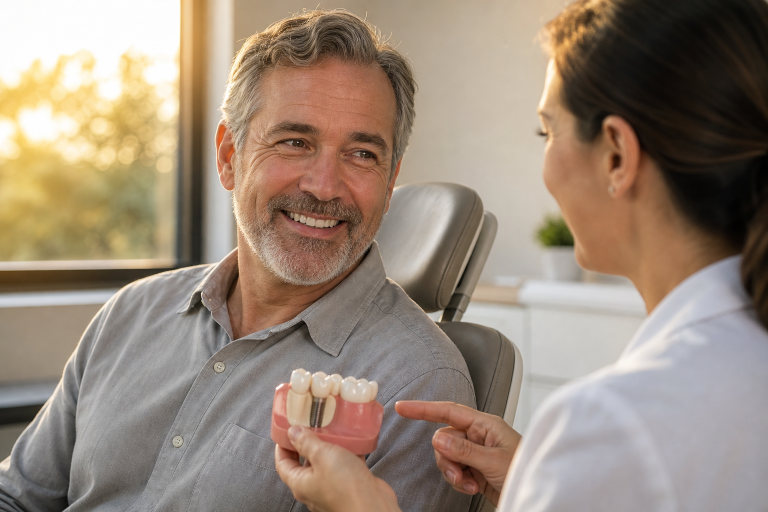 man at the dentist office Dental Implants or Dentures 